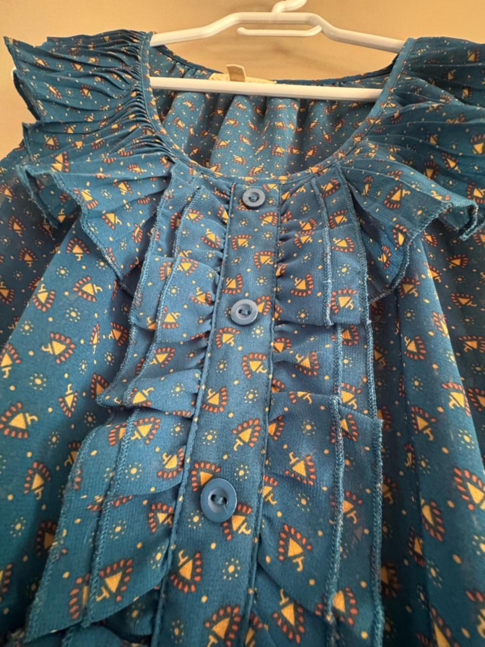 Teal Blue Ruffle-Front abstract printed sheer Top - Picture 5 of 8